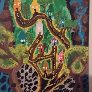 Nicole Hand-Painted Tree Village in Green, Brown, Yellow, Pink, Blue